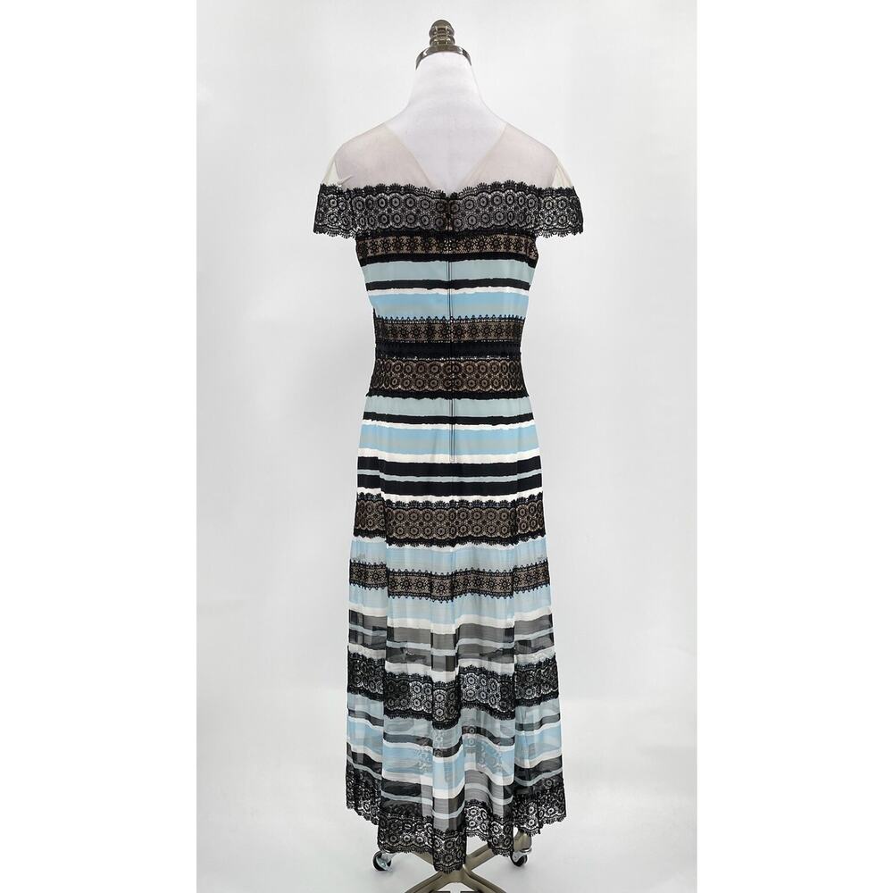 Tadashi Shoji Womens Blue Black Striped Tulle Lace Midi Dress Sz 8 - Picture 5 of 10